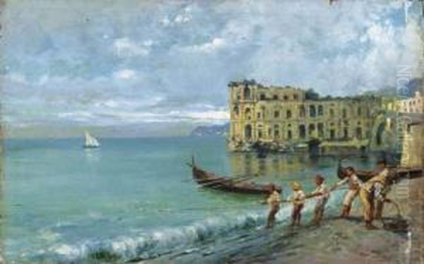 Fishermen In The Bay Of Naples By The Palazzo Sant'anna Oil Painting by Antonino Leto