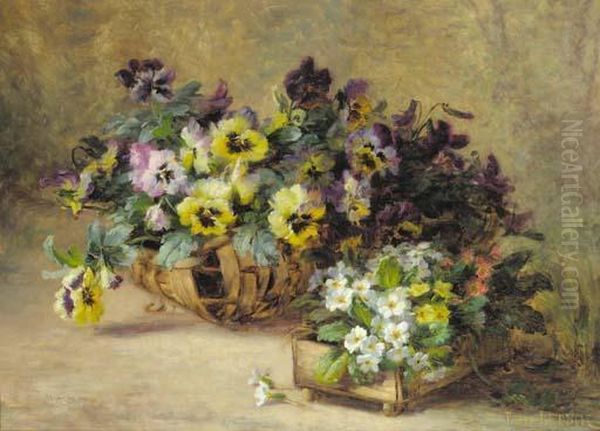 A Still Life With Violets And Primulas In Baskets Oil Painting by Louis Letsch