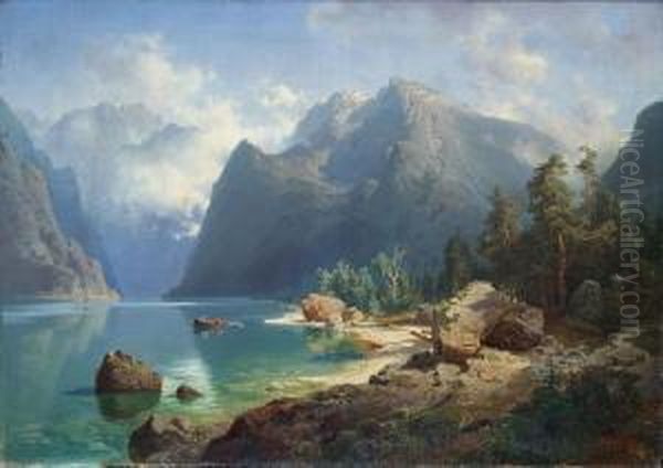 Norwegische Fjordlandschaft Oil Painting by August Wilhelm Leu