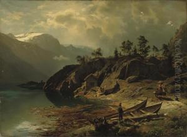 Figures Near A Mountain Lake Oil Painting by August Wilhelm Leu