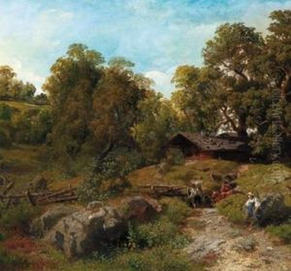 Sommerlandschaft Bei Berchtesgaden Oil Painting by August Wilhelm Leu