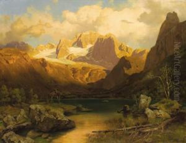 View Of An Alpine Mountain Top Oil Painting by August Wilhelm Leu