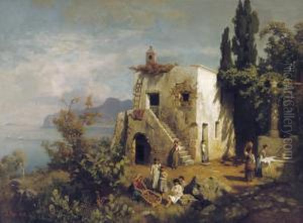 Daily Activities Along The Italian Coast Oil Painting by August Wilhelm Leu