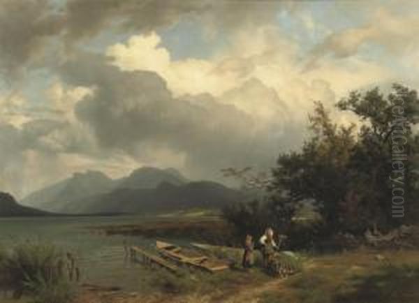 Chatting By The Lake Oil Painting by August Wilhelm Leu