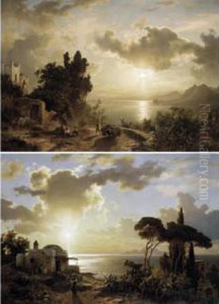 Italian Coastal Scenes At Sunset Oil Painting by August Wilhelm Leu