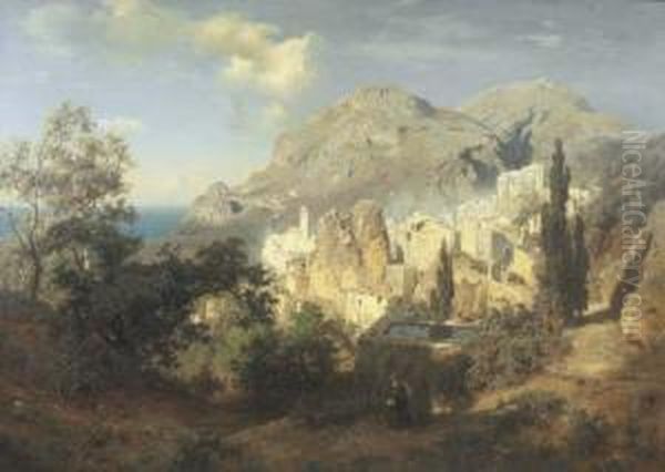 A View Of The Amalfi Coast Oil Painting by August Wilhelm Leu