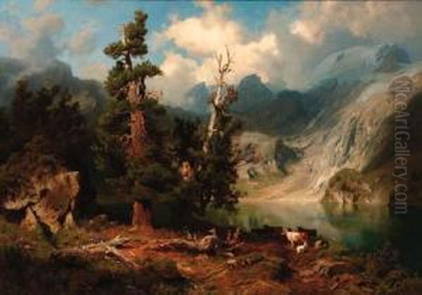 A Mountainous Lake Landscape Oil Painting by August Wilhelm Leu