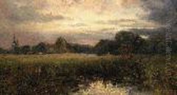 Sunset On A Verdant Landscape Oil Painting by Oskar Leu