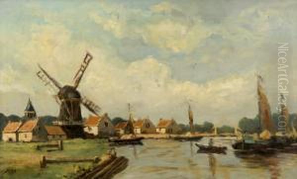 A Dutch Canal Scene With Barges To The Foreground And A Windmill In The Background Oil Painting by Johannes Karel Leurs