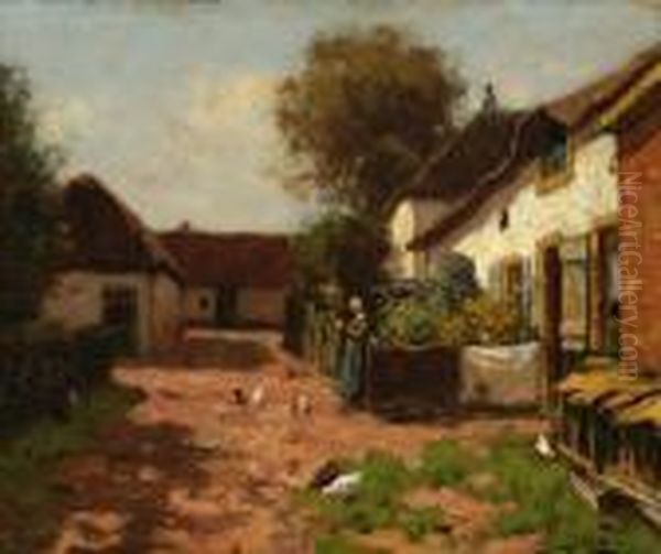 Farmer's Wife With Some Chickens On A Farmyard Oil Painting by Johannes Karel Leurs