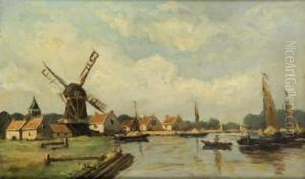 A Dutch Canal Scene With Barges Tothe Foreground And A Windmill In The Background Oil Painting by Johannes Karel Leurs