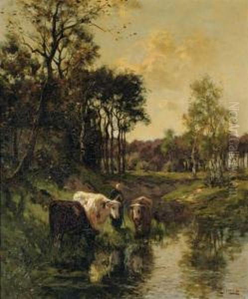 Watering Cows By A Forest Oil Painting by Johannes Karel Leurs