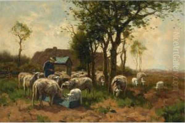 A Flock Of Sheep Grazing And Drinking Oil Painting by Johannes Karel Leurs