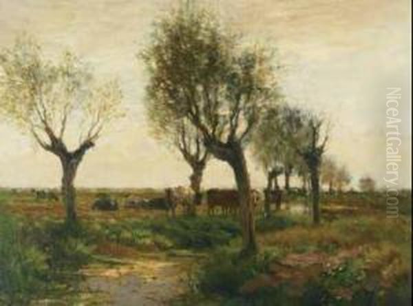 Cattle In An Evening Landscape Oil Painting by Johannes Karel Leurs