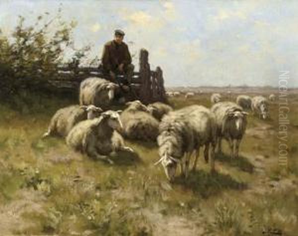 A Shepherd With His Flock Resting On The Heath Oil Painting by Johannes Karel Leurs