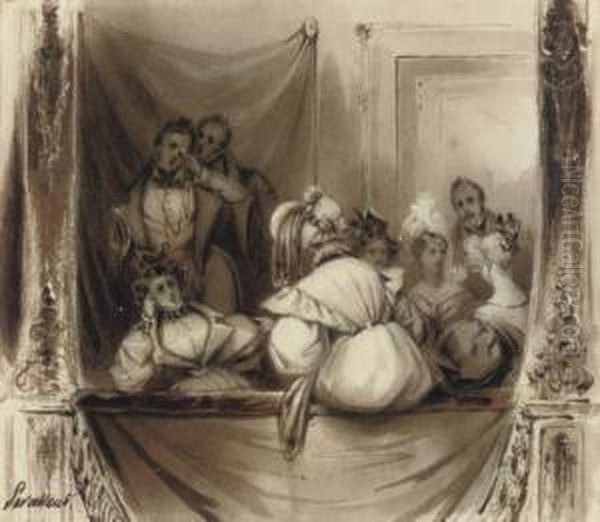 An Elegant Company In A Theatre Box (illustrated); And An Evening In With The Family Oil Painting by Henri-Louis Levasseur