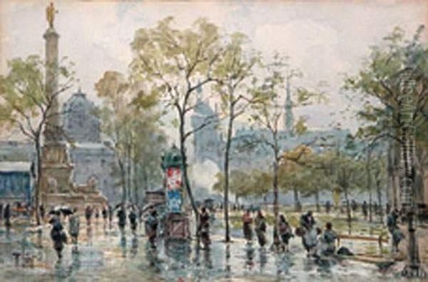 Animation Sur Une Place A Paris. Oil Painting by Rene Leverd