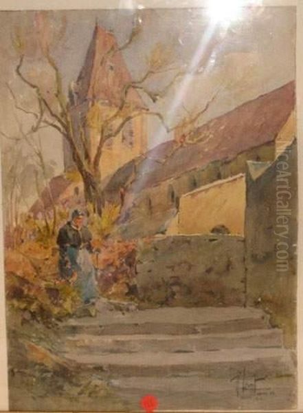  Vieille Femme Derriere L'eglise A Herblay  Oil Painting by Rene Leverd