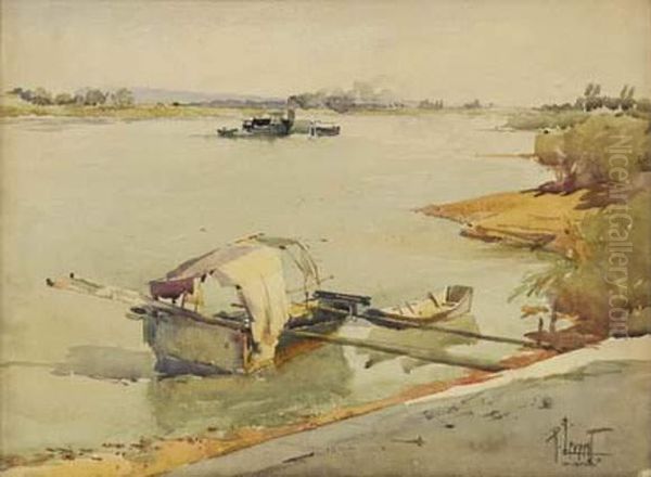 Barques Et Remorqueur Pres D'avignon Oil Painting by Rene Leverd