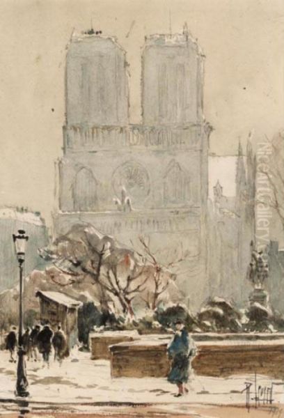 Views Of Paris, Including Notre Dame And The Place Vendome Oil Painting by Rene Leverd