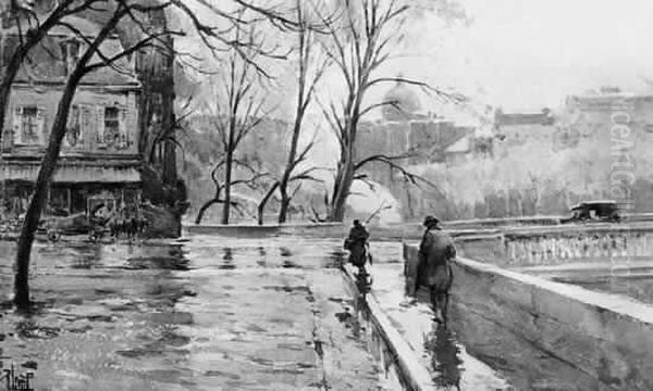 Paris, Jour De Pluie, Pont De Sully. Oil Painting by Rene Leverd