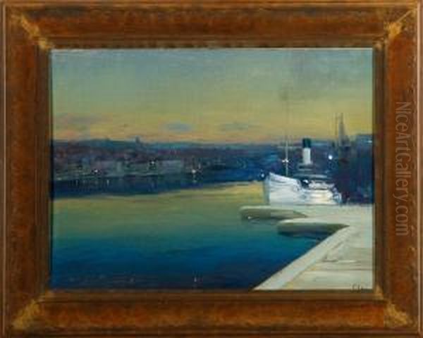 A Town Scenery With A Ship At The Dock. Signed Oil Painting by Vassilij Levi