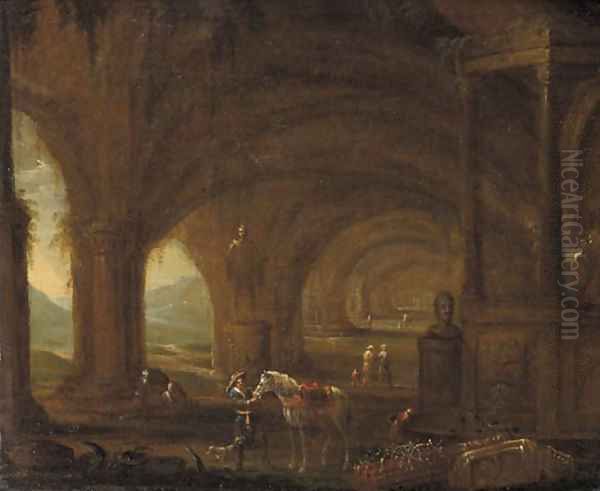 A traveller among classical ruins in a grotto Oil Painting by Abraham Van Cuylenborgh