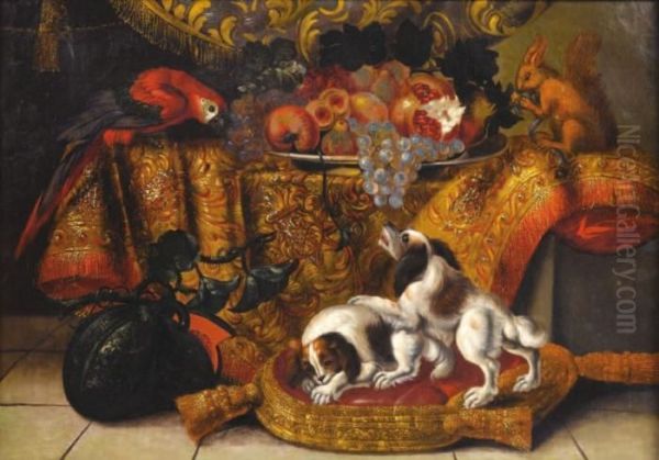 Nature Morte Aux Epagneuls Et Perroquet Oil Painting by Renaud Levieux