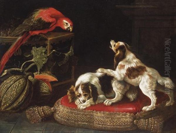 Perroquet Affrontant Deux Epagneuls Sur Un Coussin A Passementerie Oil Painting by Renaud Levieux