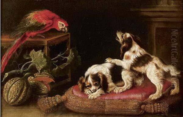 Chiens Et Perroquets Se Disputant Oil Painting by Renaud Levieux