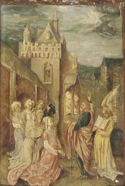 A male Saint preaching outside a manor Oil Painting by Colijn de Coter