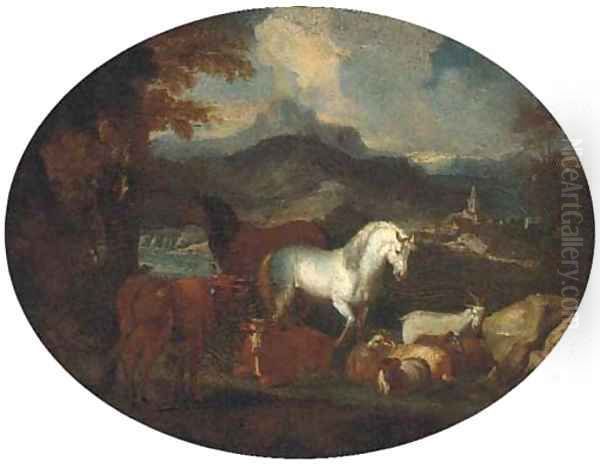 Horses, cattle, goats and rams by a lake in a mountain landscape Oil Painting by Giovanni Benedetto Castiglione