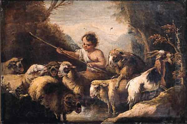 A shepherd boy watering sheep in a mountainous landscape Oil Painting by Giovanni Benedetto Castiglione