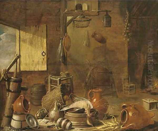 Earthenware, a drake and vegetables in a barn, with a woman cooking at a fire Oil Painting by Govert Dircksz. Camphuysen