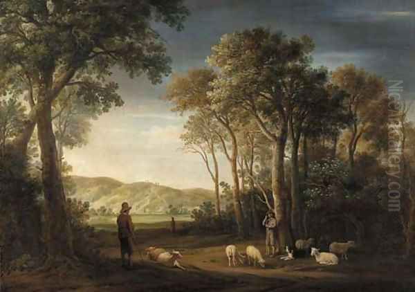 A wooded landscape with shepherds with their flocks in a clearing Oil Painting by Jacob Van Der Croos