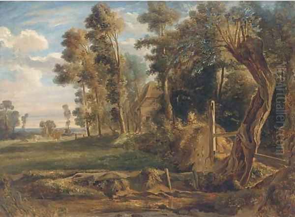 Cattle by a woodland cottage Oil Painting by Jules Louis Phillipe Coignet