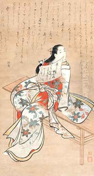 Courtesan seated on a bench Oil Painting by Matsuno Chikanobu