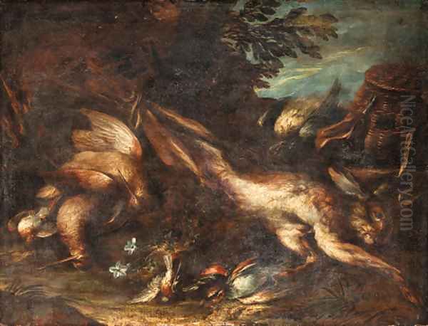 A dead hare, a snipe and songbirds, with a powder bag and game basket in a landscape Oil Painting by Niccolo Cassana