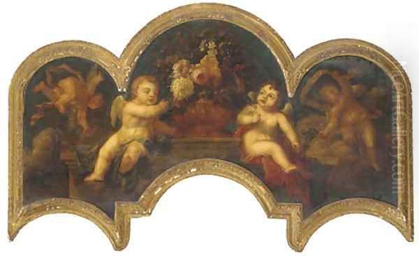 Putti with an urn of flowers on a ledge Oil Painting by Peter Casteels