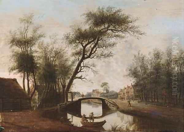 A river landscape with a fisherman in a boat before a bridge, a town beyond Oil Painting by Rafael Govertsz. Camphuysen