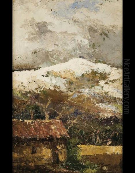 Neve Nella Campagna Piemontese Oil Painting by Giuseppe Augusto Levis