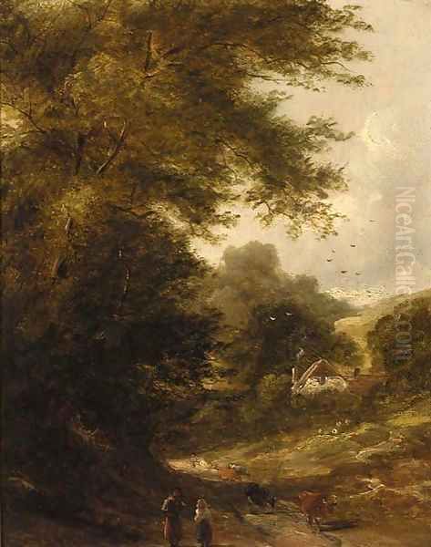 Drovers with cattle on a wooded path Oil Painting by Thomas Creswick