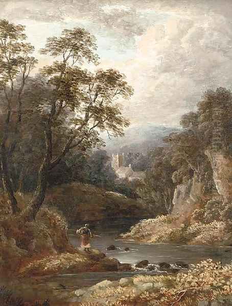 A figure on a riverbank with a church beyond Oil Painting by Thomas Creswick