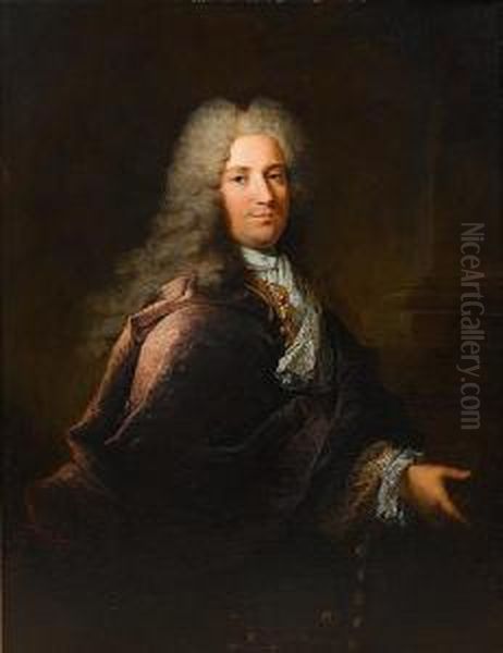 Portrait Of A Gentleman, 
Three-quarter-length,in A Purple Coat And A Blue And Gold Brocade 
Waistcoat, Standingbefore A Column Oil Painting by Robert Tournieres