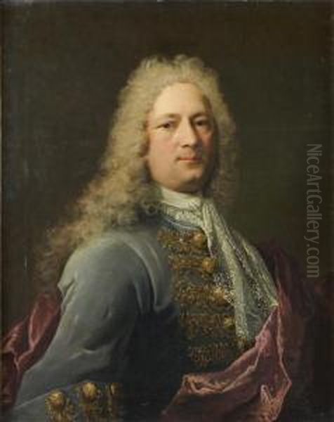 Portrait D'homme A L'habit Bleu Et A L'etole Mauve Oil Painting by Robert Tournieres