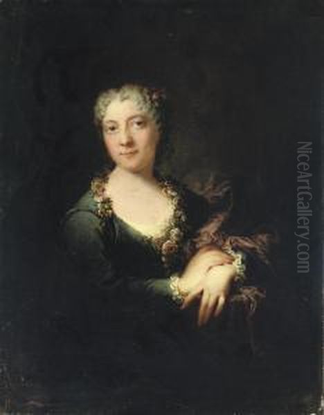 Portrait Of A Lady, Half-length,
 In A Blue Dress With A Purplewrap, Wearing Flowers Around Her Neck Oil Painting by Robert Tournieres