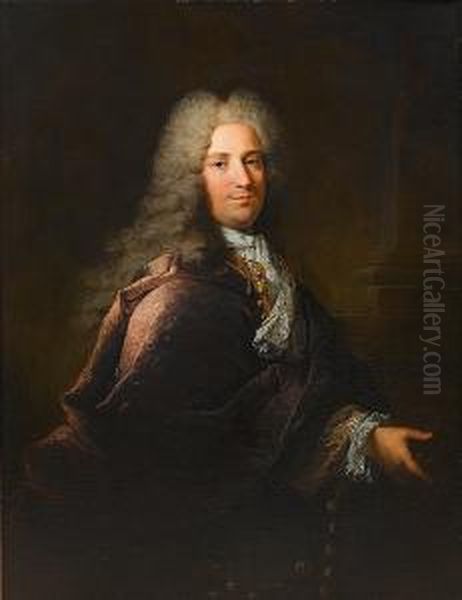 Portrait Of A Gentleman, 
Three-quarter-length, In A Purple Coat And A Blue And Gold Brocade 
Waistcoat, Standing Before A Column Oil Painting by Robert Tournieres