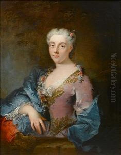 Portrait Of A Lady, Half-length,
 In A Lilac Silk Dress With Lace Trim And A Blue Silk Wrap, Flowers In 
Her Hair And A Garland Around Her Shoulders Oil Painting by Robert Tournieres