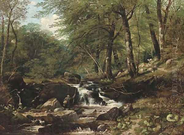 An angler in a wooded landscape Oil Painting by Thomas Creswick