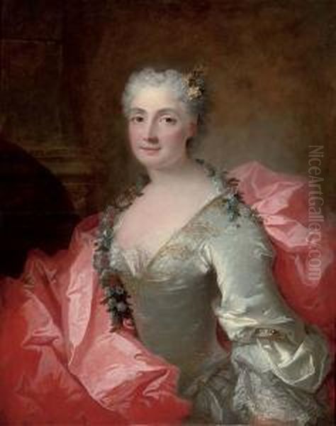 Portrait Of A Lady Said To Be 
Duchesse De Chateauroux, Seated, Half-length, In A Lace Trim Dress With A
 Red Silk Wrap, Flowers In Her Hair And A Garland Of Flowers Around Her 
Neck Oil Painting by Robert Tournieres